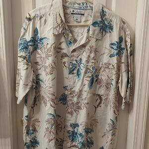 Columbia Men's Floral Button-Down Shirt - Cream, Blue, and Brown HAWAIIAN SUMMER